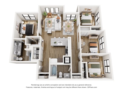 Floor plan for 4 beds, 2 baths, 1362 sqft